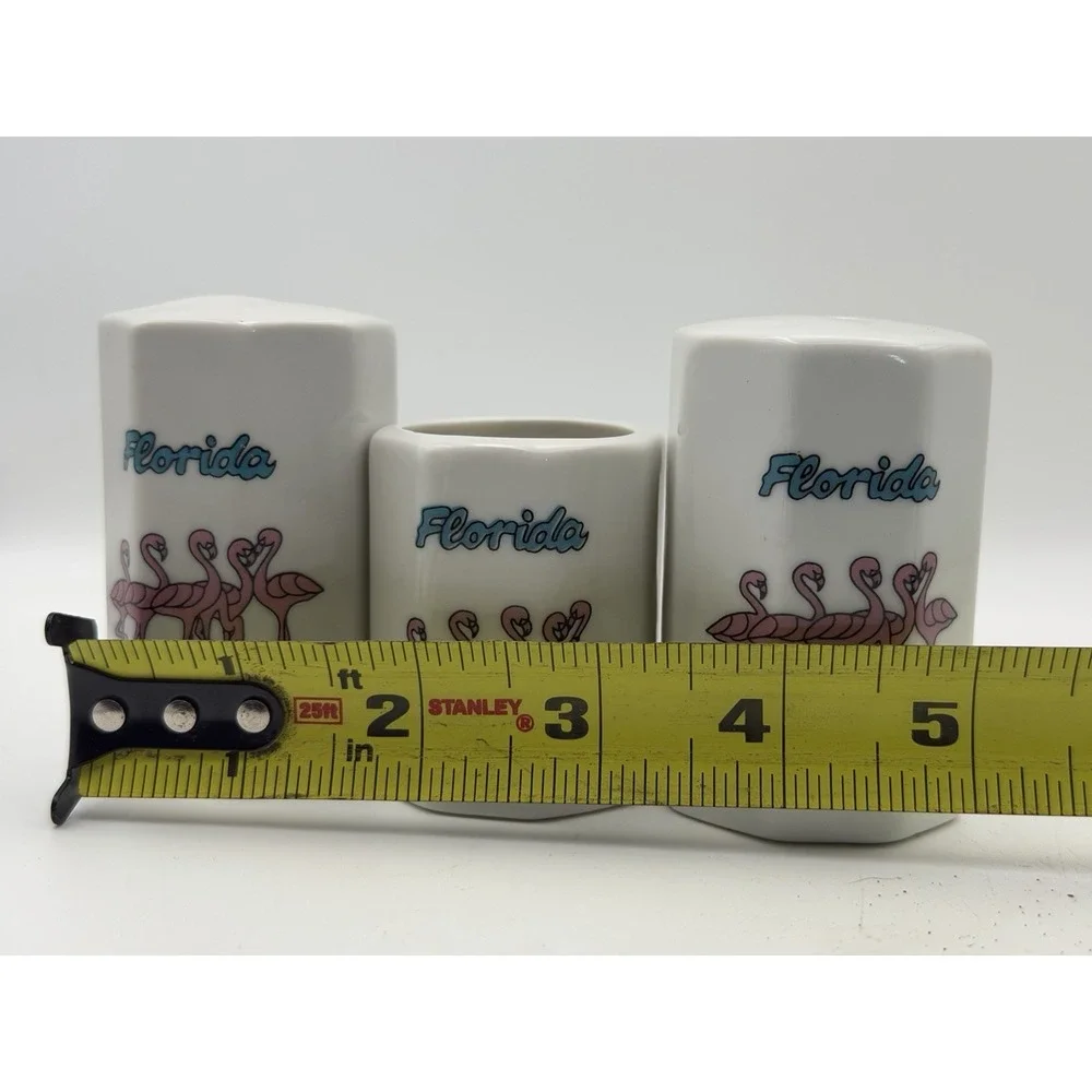 Vintage Florida Flamingo Salt Pepper Shaker Toothpick Holder Set Souvenir